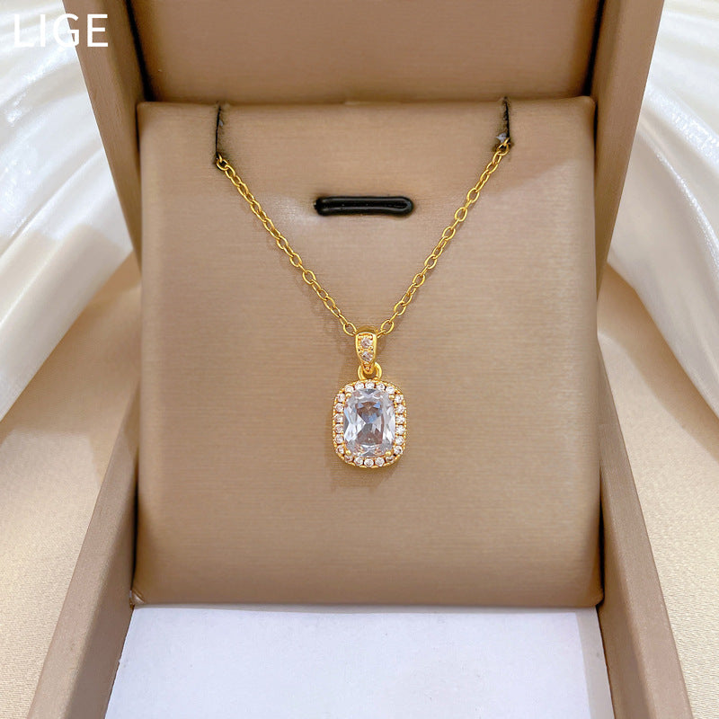 Sweet Geometric Square Cubic Zirconia Titanium Steel Necklace for Unisex