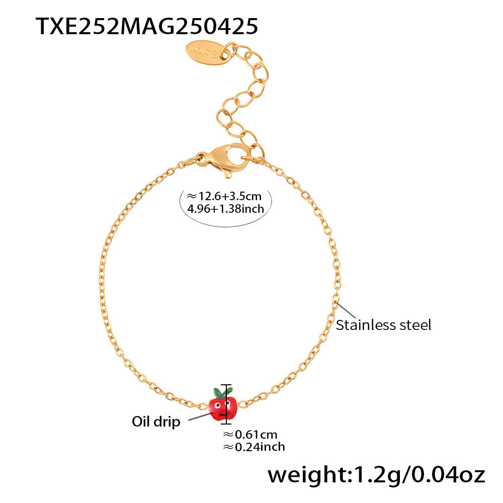 Conjunto de collar, pulsera, pendientes y anillo abierto con colgante en forma de manzana roja adorable para niñas, de acero inoxidable con acabado esmaltado