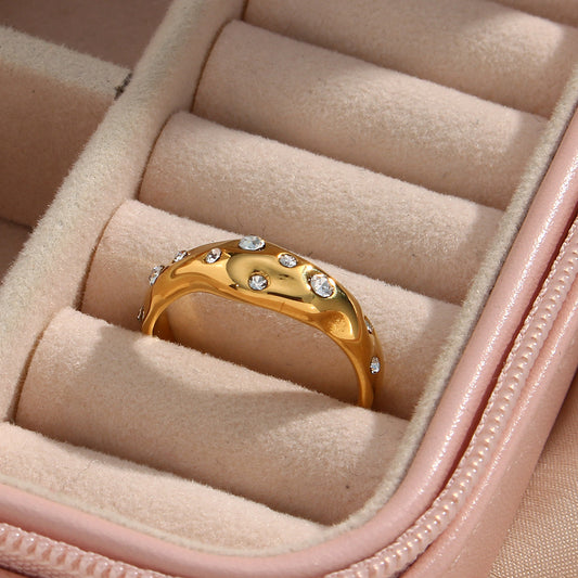 Minimalist Geometric Stainless Steel Ring with 18K Gold Plating and Irregular Zircon Inlay for Women
