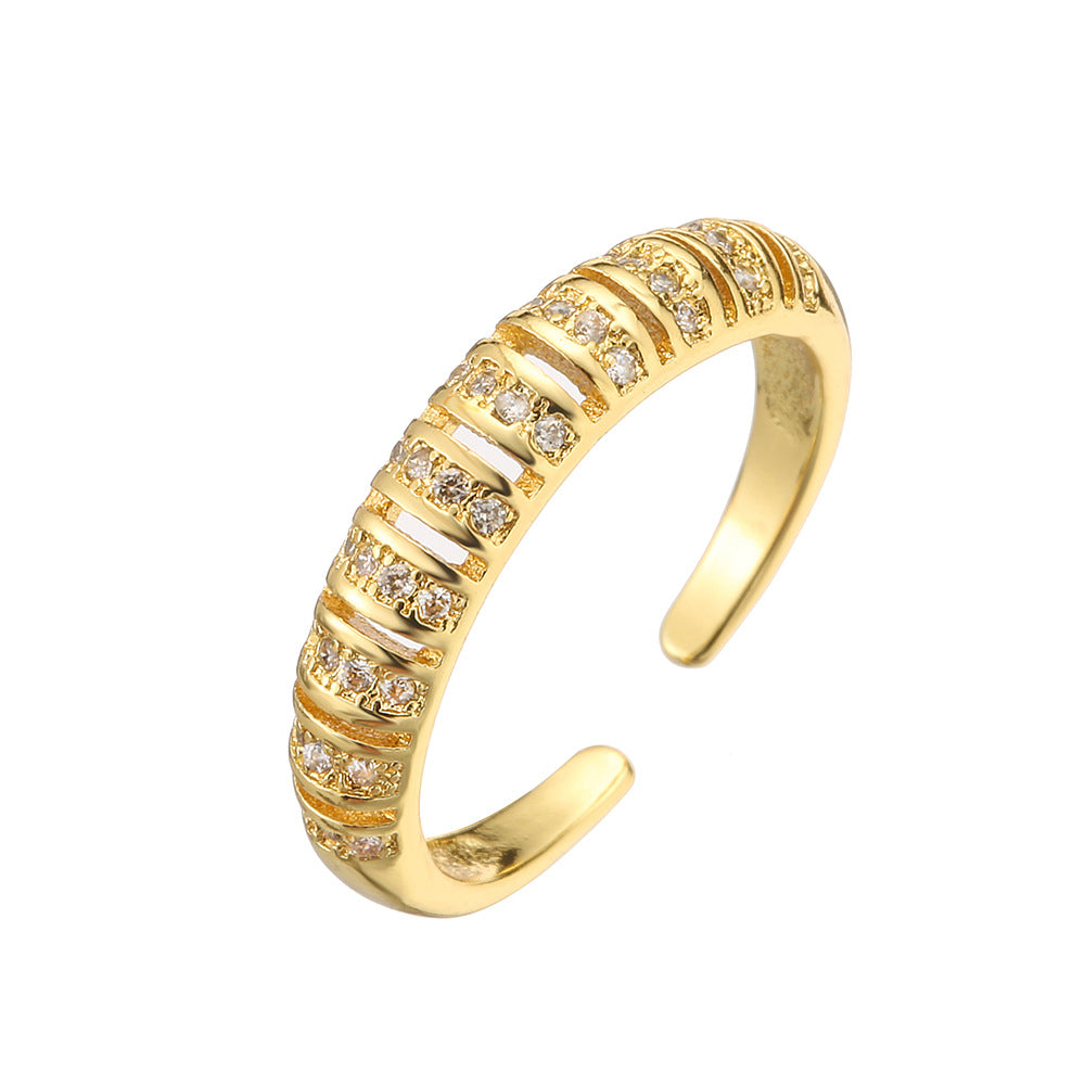 Minimalist Love-Shaped Geometric Open Ring for Women with Gold Plating and Micro-Paved Zirconia on Copper Base