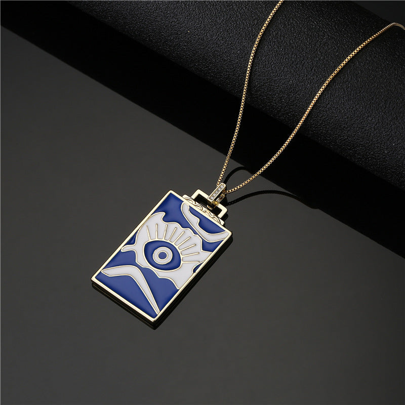 Vintage Square Geometric Drip Oil Inlay Brass Pendant Box Chain Necklace