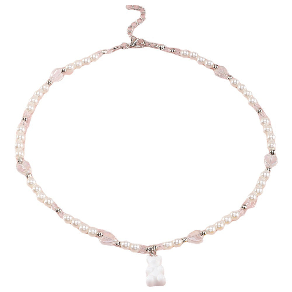 Collana con ciondolo in resina a forma di orsetto e cuore per bambine con catena di perle a lunghezza regolabile