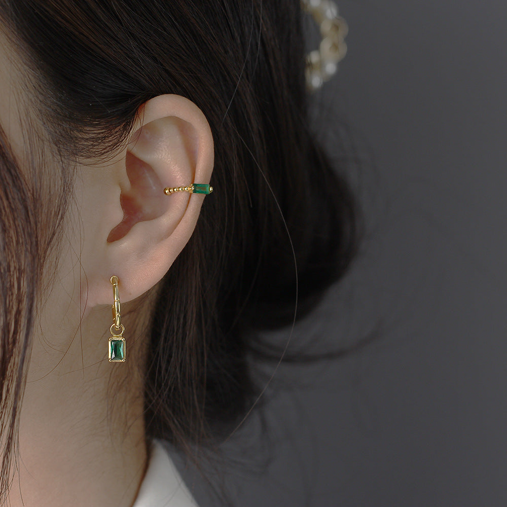 Elegant 925 Sterling Silver Geometric C-Shaped Earrings with Emerald Cubic Zirconia Inlay for Women