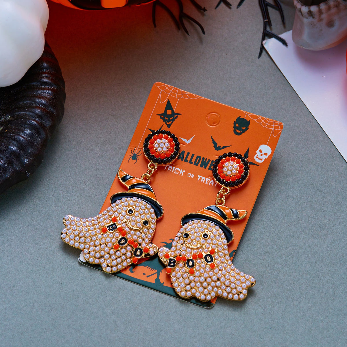 Gothic Cartoon Ghost Alloy Earrings with Inlaid Pearl for Women