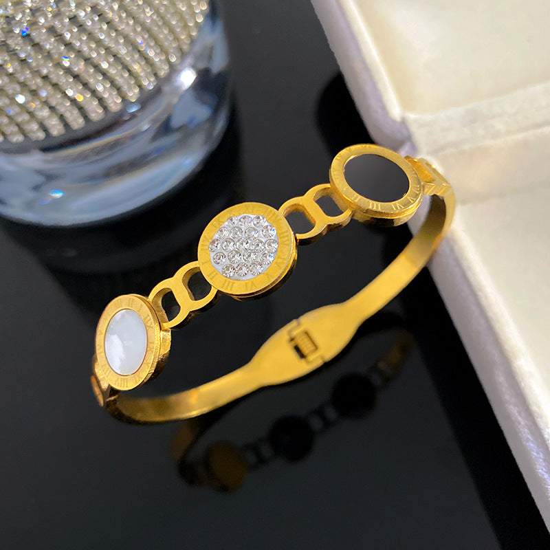 Minimalist Vintage Roman Number Micro-Paved Cubic Zirconia Titanium Steel Bracelet PVD Plated