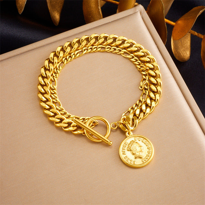 Pulsera con colgante redondo de retrato bañada en oro de acero inoxidable estilo vintage con cierre OT