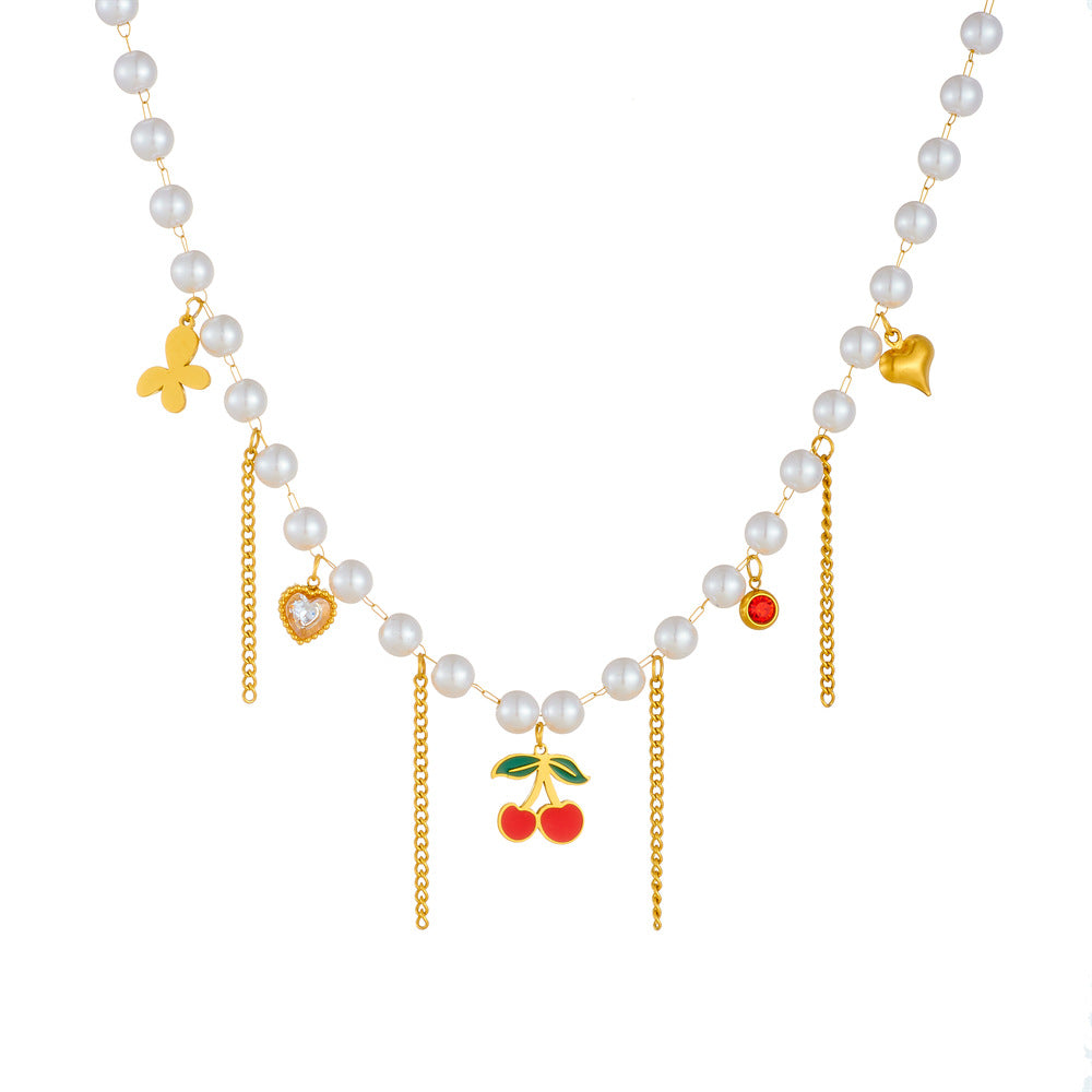 Sweet Heart Butterfly Drip Oil Stainless Steel Ball Chain Necklace with Cherry Pendant