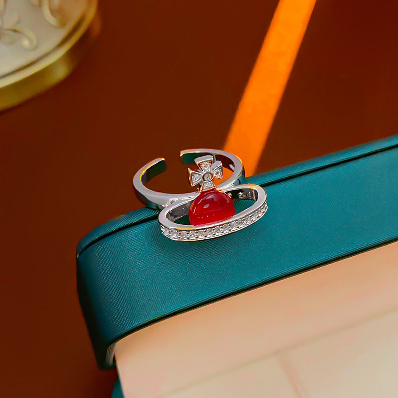 Anillo de círculo abierto geométrico vintage en cobre con acabado esmaltado e incrustación de circonita