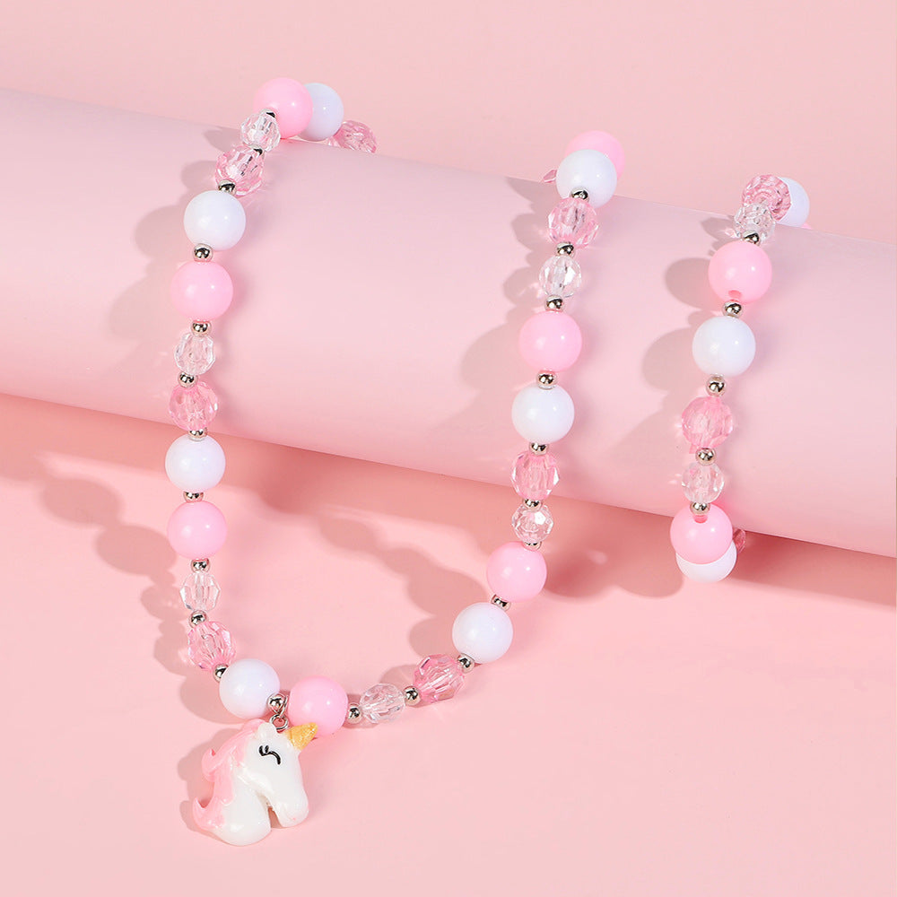 Set di collane colorate per bambini alla dopamina con braccialetto di perline rosa, ciondolo unicorno arcobaleno e gioielli per bambini a forma di animale in acrilico