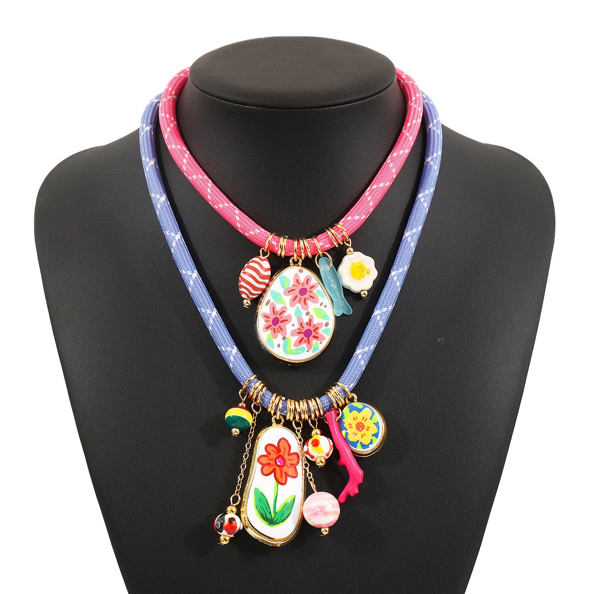 Sweet Floral and Geometric Multi-Pendant Necklace for Women with Resin Pendants, Alloy and Nylon Cord, Handcrafted Braided Chain