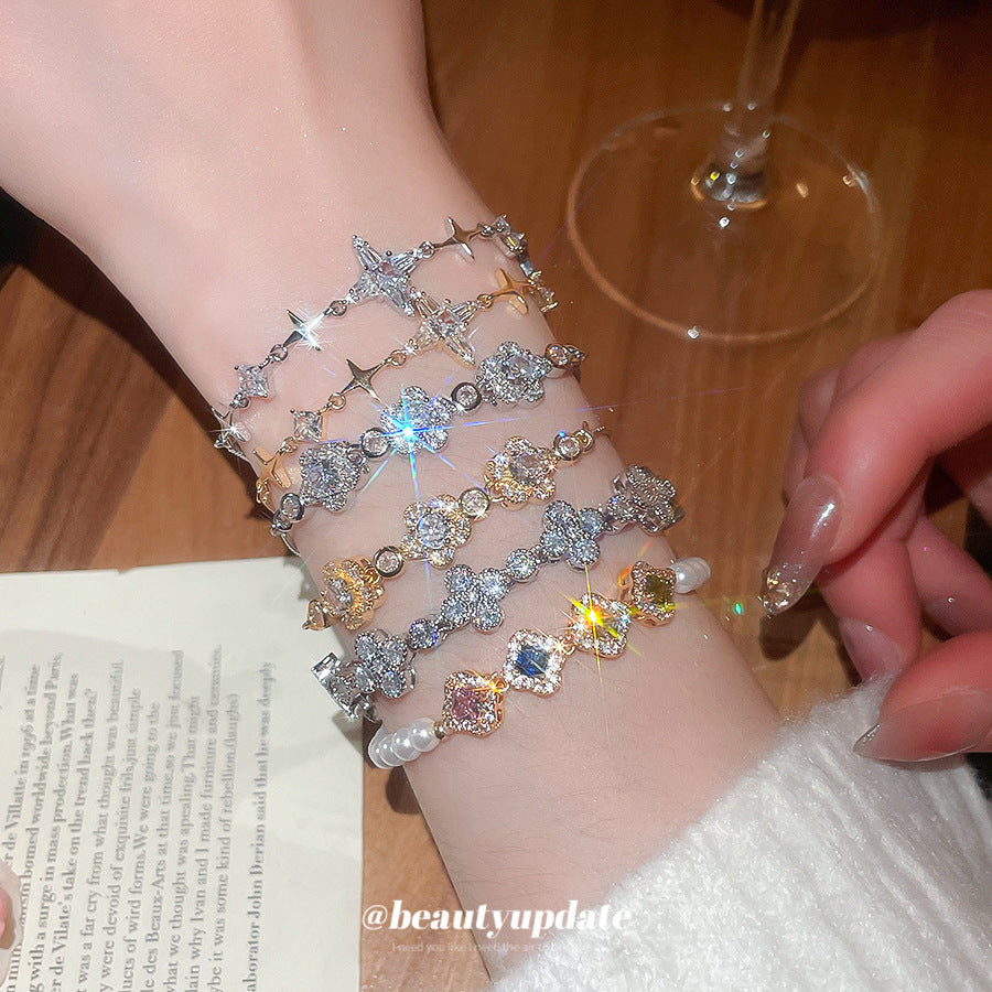 Bracciale in Rame con Zirconi a Forma di Fiore e Stella, Lussuoso, da Donna, dallo Stile Elegante per Ogni Giorno