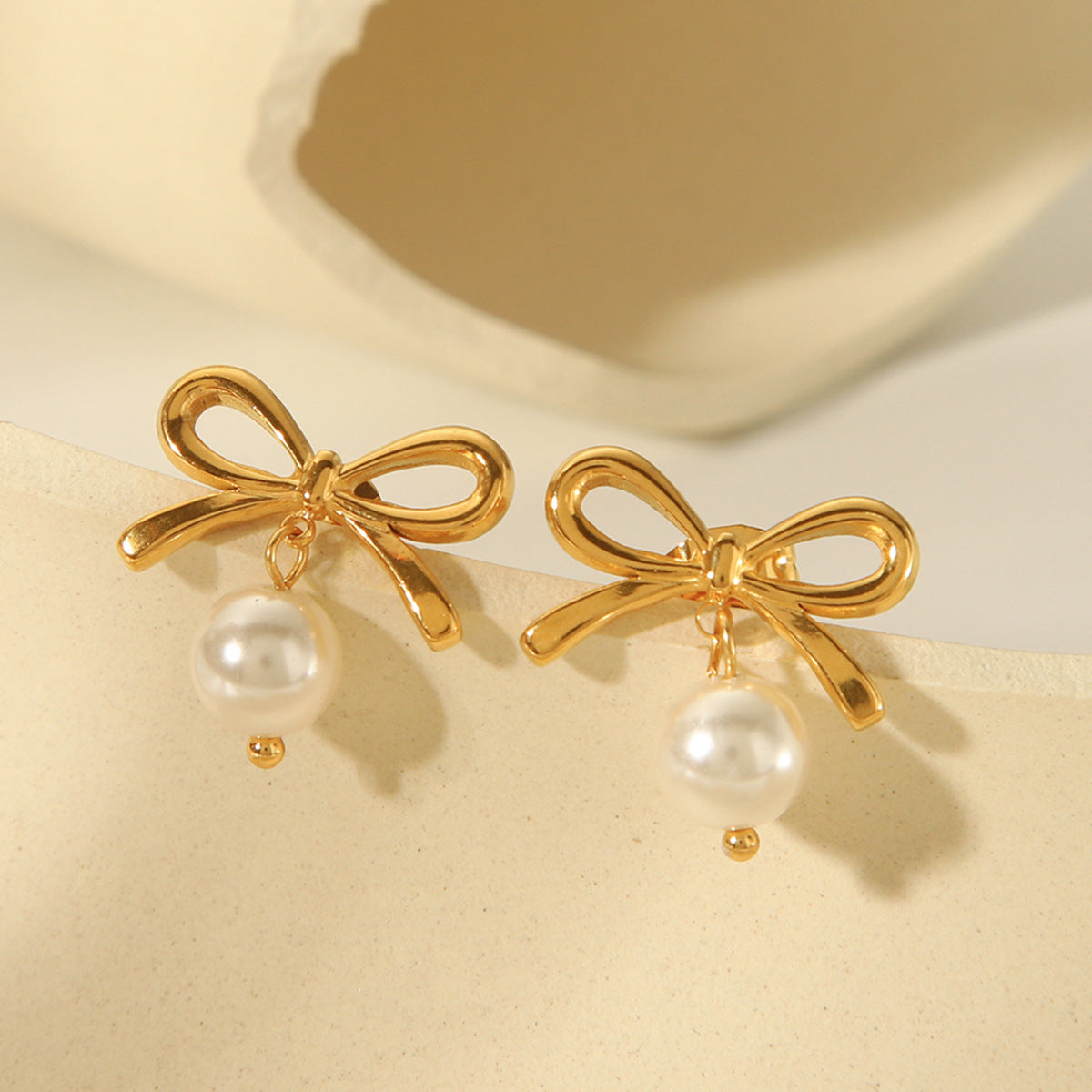 Ins Style 18K Gold Plated Stainless Steel Bow Knot Pearl Drop Earrings for Women