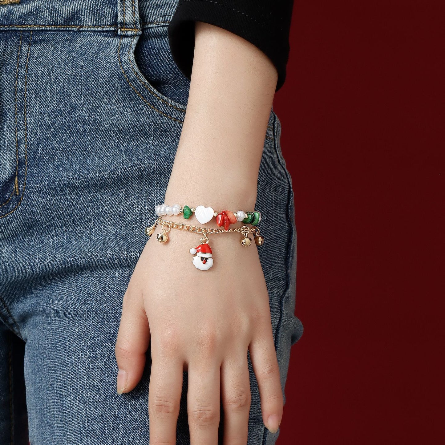 Original Design Christmas Santa Head Pearl Bracelet with Heart and Bell Charms, Dual-Layer Minimalist Jewelry for Women and Men