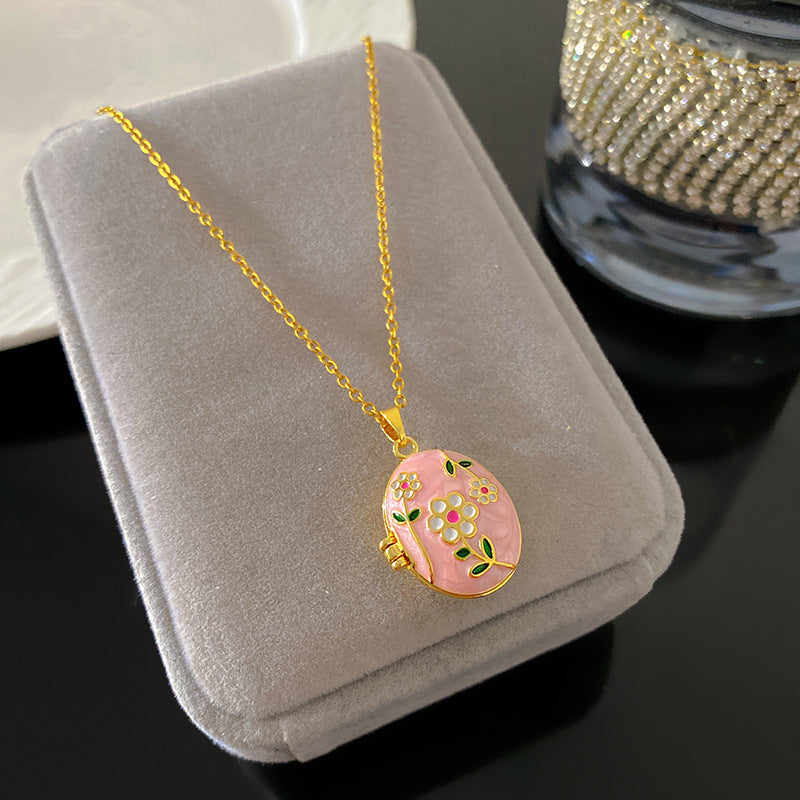 Vintage Drip Oil Floral Heart Oval Pendant Gold Plated Brass Necklace for Women
