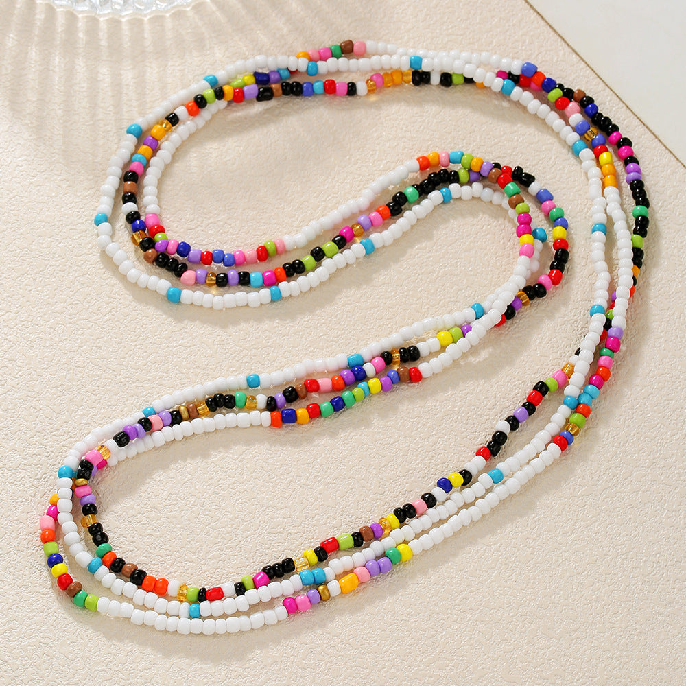 Bohemian Ethnic Geometric Seed Beads Waist Chain with White Crystal Inlay Double Layer Elastic