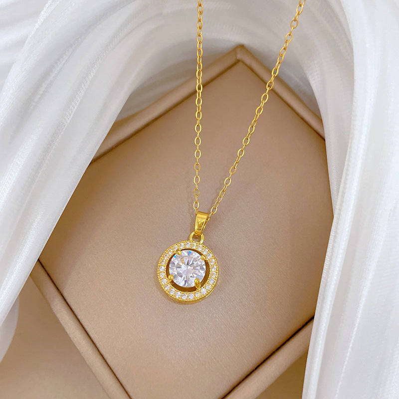 Sweet Round Geometric Cubic Zirconia Inlaid Titanium Steel Necklace for Unisex