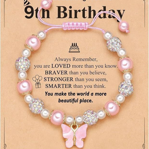 Sweet Pink Pearl Butterfly Letter Charm Bracelet for Women