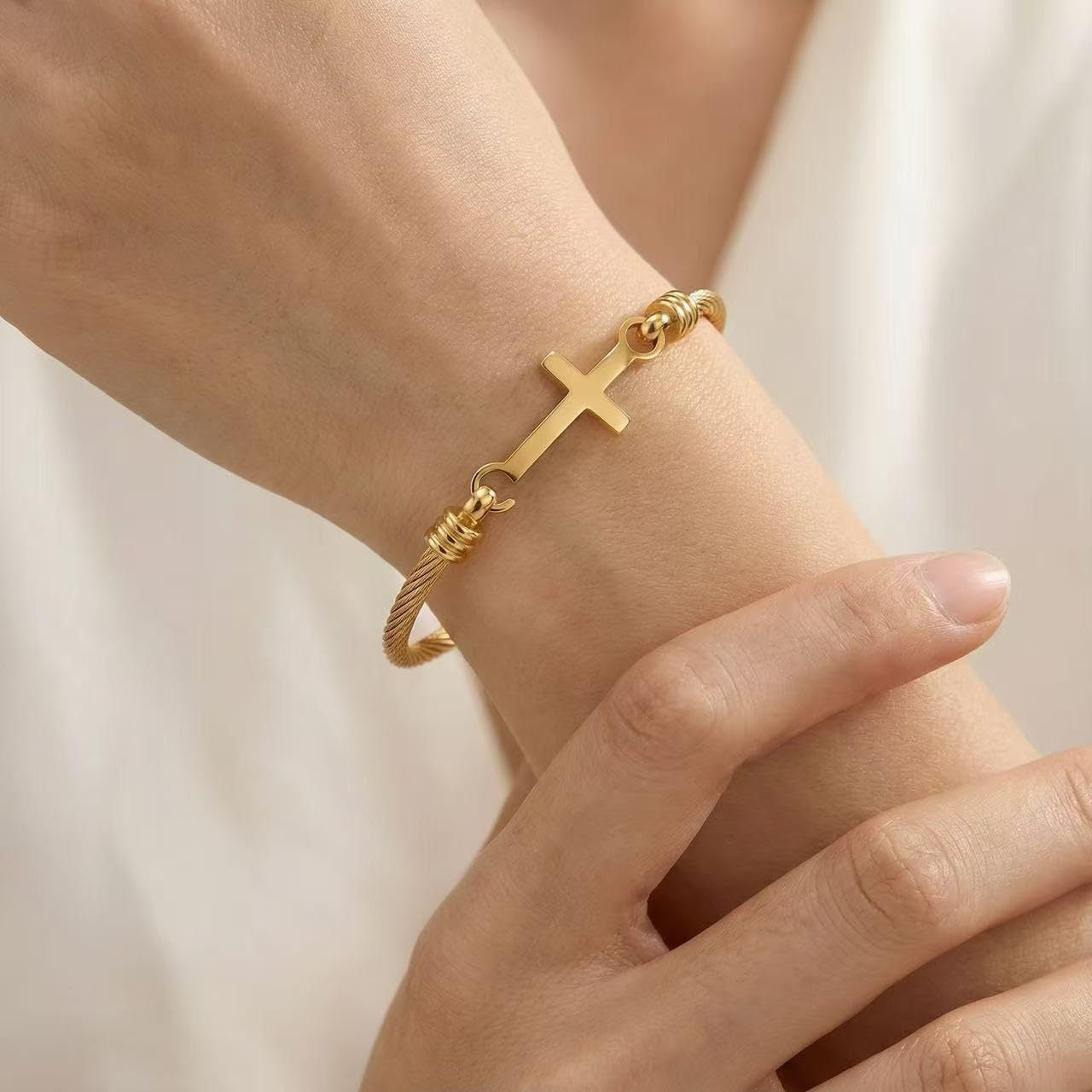 Vintage Minimalist Cross Stainless Steel Plated Cable Chain Bracelet Adjustable Open Cuff