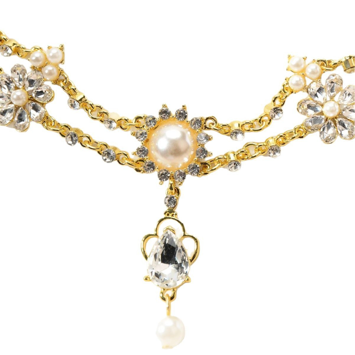 Luxury Elegant Floral Plated Pearl Rhinestone Necklace for Women Wedding Party