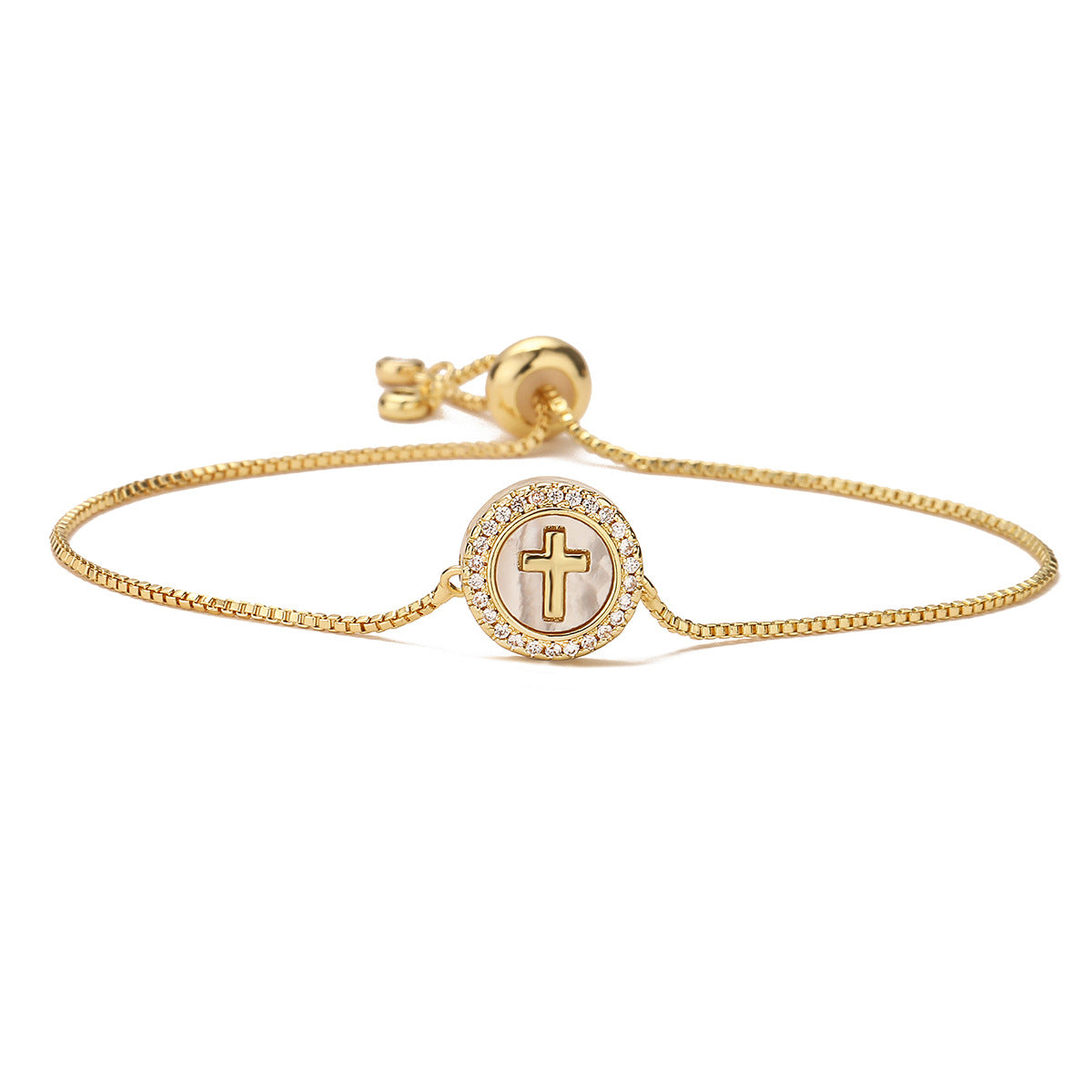 Bracciale da donna alla moda con conchiglia geometrica e ciondolo a croce, con base in rame placcato oro 18 carati e zirconi micropavé