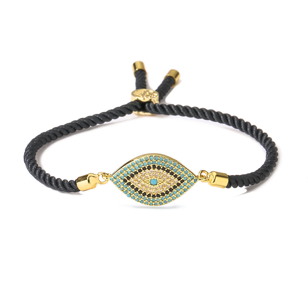 Geometric Evil Eye Rhinestone Micro-Paved Copper Bracelet for Women with Red Cord