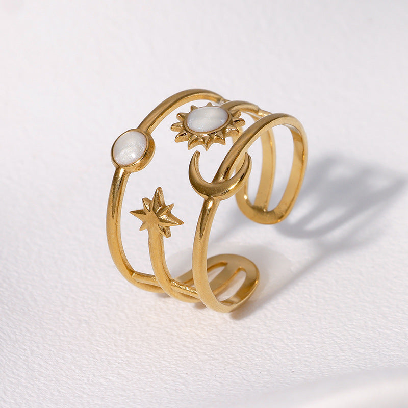 Anello da dito regolabile a forma di stella, sole e luna da donna in acciaio inossidabile con finitura placcata, design minimalista e unico