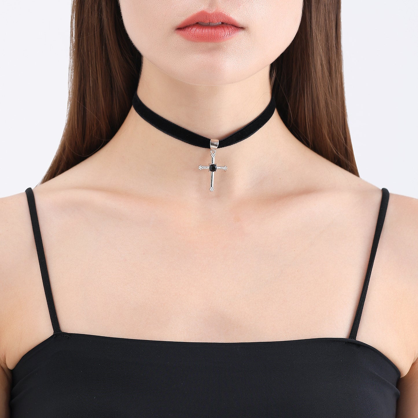 Gothic Style Cross Pendant Necklace with Black Satin Ribbon Short Clavicle Chain Alloy Plated Jewelry for Women