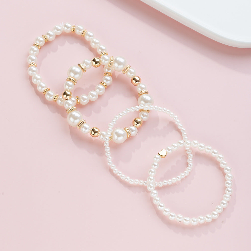 Set di Braccialetti con Perle Sintetiche a Cuore e Charm a Barra per Bambine