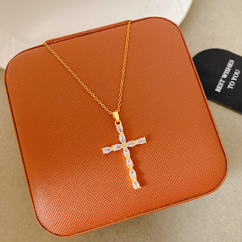 Sporty Sweet 18K Gold Plated Cross Titanium Steel Necklace with Cubic Zirconia for Women