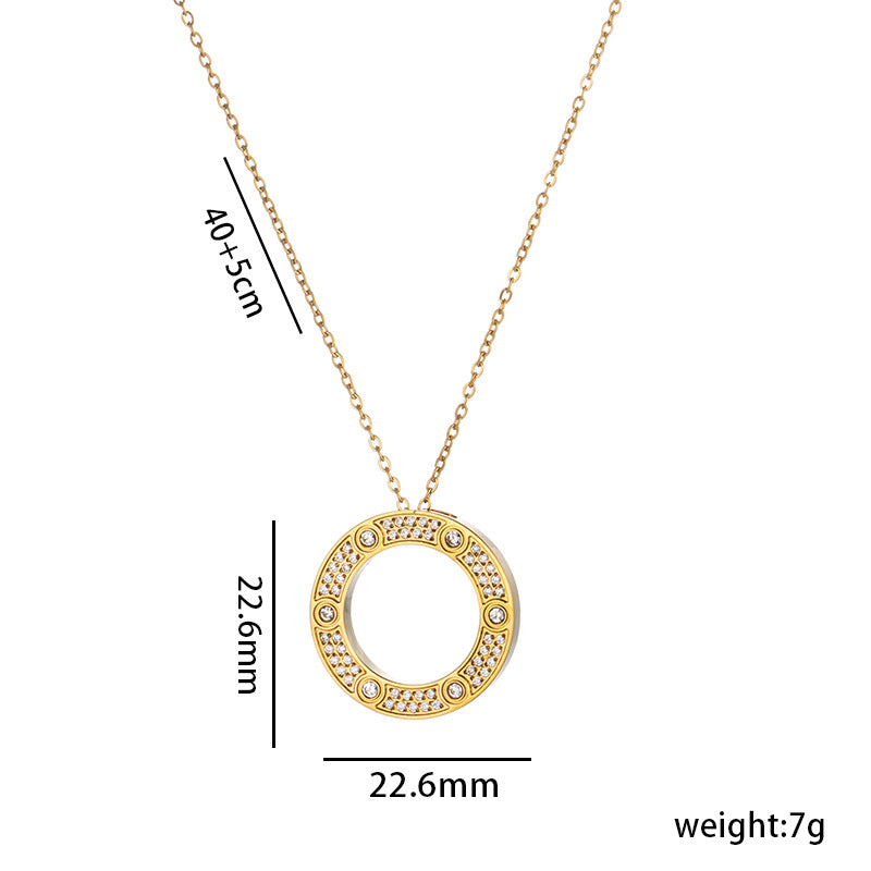 Minimalist Round Pendant Necklace for Women Titanium Steel with Rhinestone Inlay Snake Chain