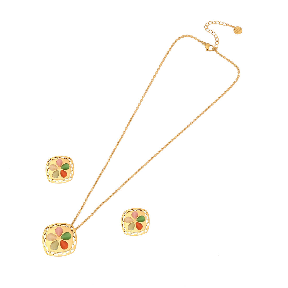 Vintage Geometric Hollow Square Cat's Eye Necklace Set in Stainless Steel with Plated Finish for Women