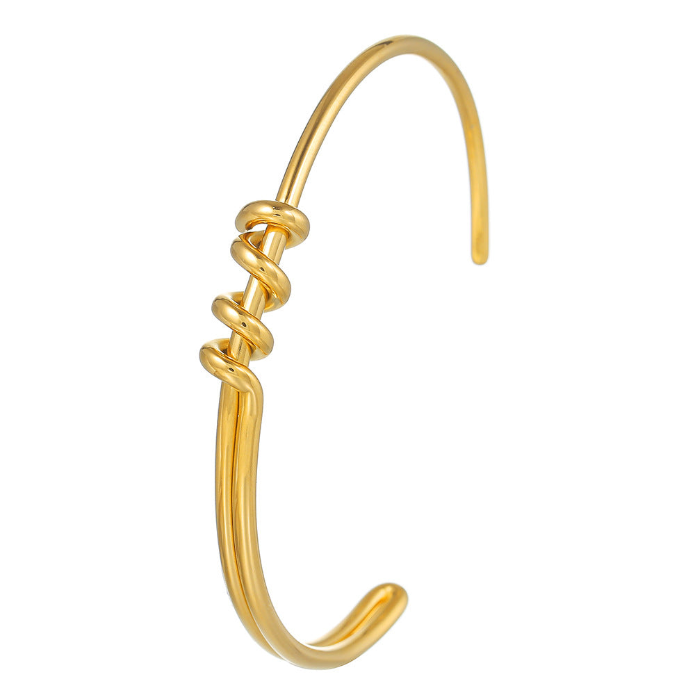 Minimalist Geometric C-Shape Knotted Round Stainless Steel Plated Open Bangle for Unisex