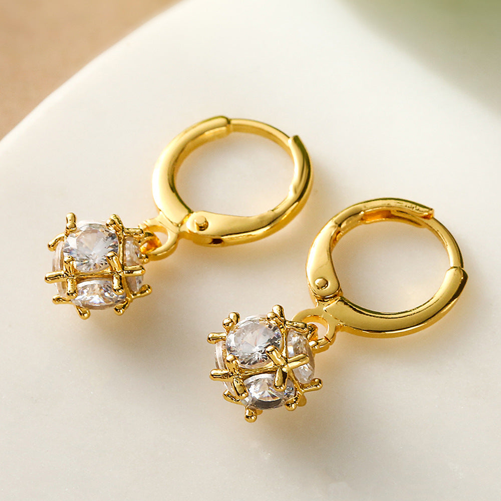 Minimalist Geometric Copper Earrings with Real Gold Plating and Zircon Waterdrop Accents for Women