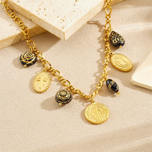 Luxury Elegant Black Gold Round Cross Pendant with Acrylic Flower Stainless Steel Jewelry Set for Women