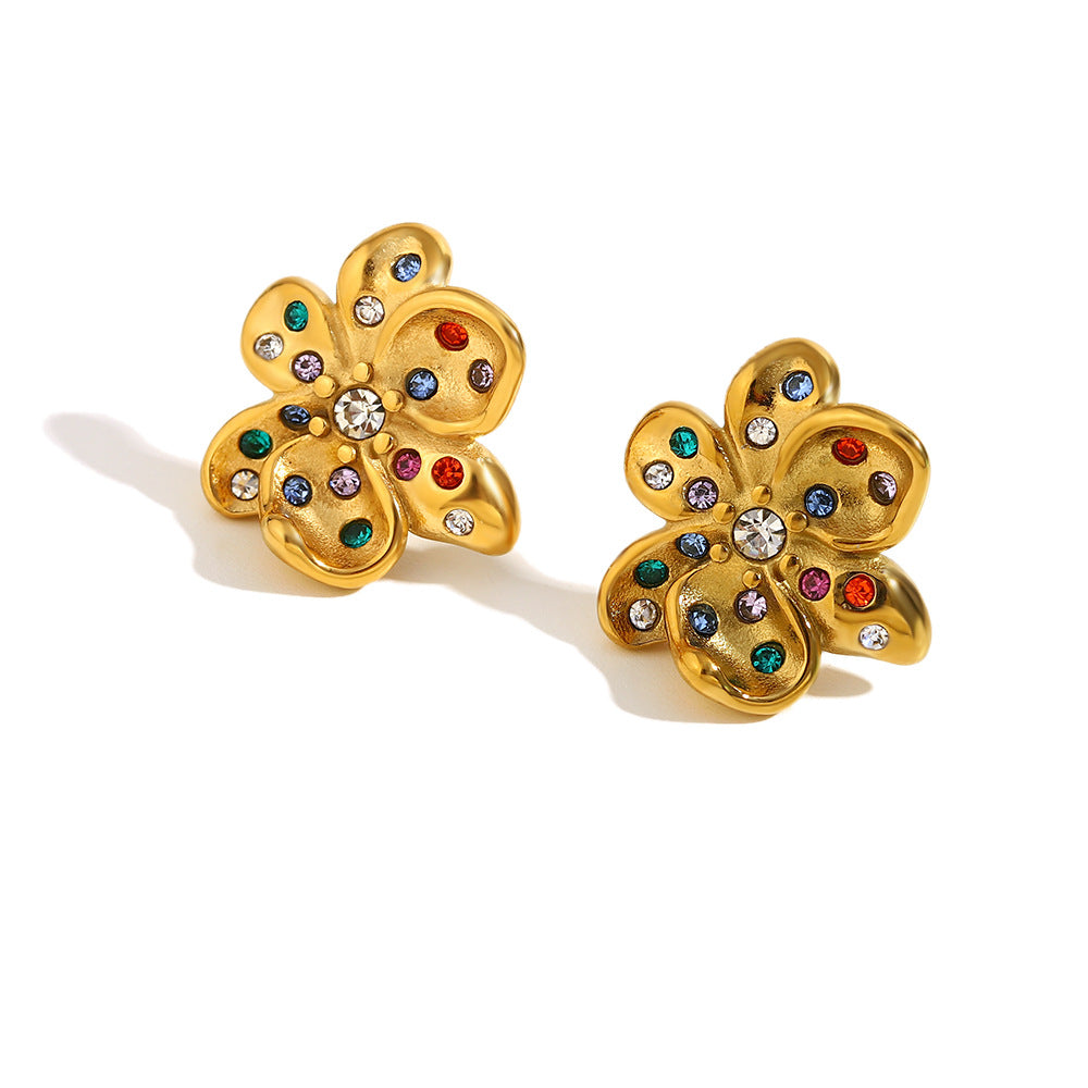 Vintage Floral Style 3D Flower Pendant Necklace and Earrings Set in Stainless Steel with 18K Gold Plating for Women