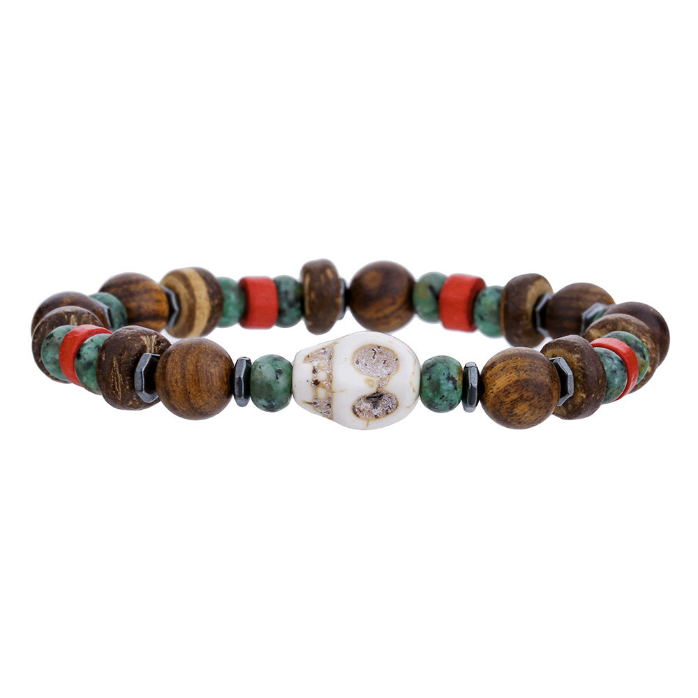 Vintage Geometric Skull Handmade Wood Turquoise Beaded Bracelet