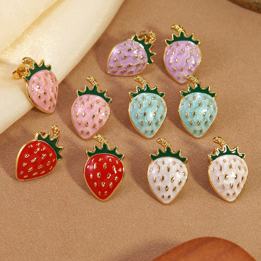 Pendientes de acero inoxidable de fresa Sweet Drip Oil para mujer