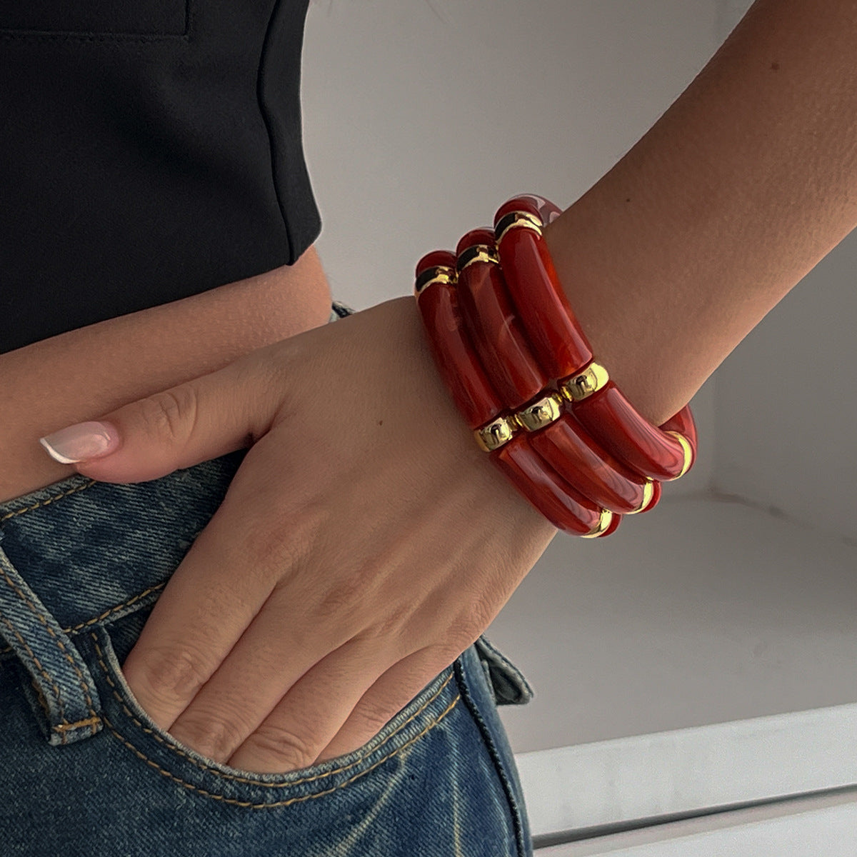 Set di braccialetti a polsino rigido da donna geometrici minimalisti con perline, in lega di zinco con finitura placcata