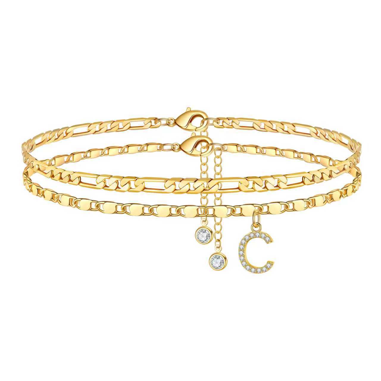 Bohemian Gold Plated Alloy Letter Cubic Zirconia Figaro Chain Anklet for Women