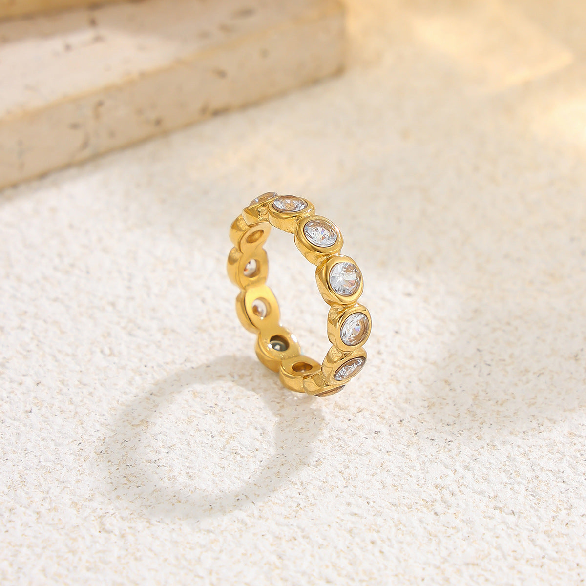 Luxury 18K Gold Plated Stainless Steel Square Round Micro Pave Cubic Zirconia Ring for Women