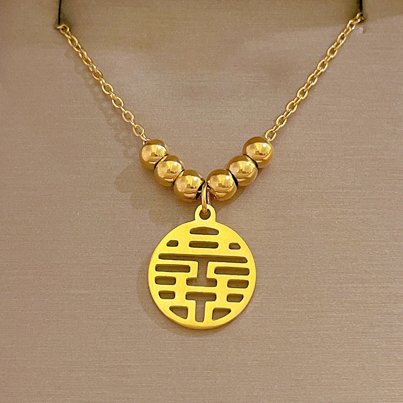 Minimalist Geometric Double Happiness Pendant Necklace in Titanium Steel with Rhinestone Inlay for Women