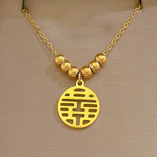 Collana Pendente Minimalista Geometrica Doppia Felicità in Acciaio al Titanio con Intarsio di Strass da Donna