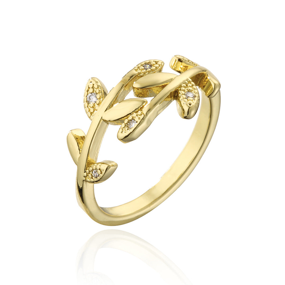 Minimalist 18K Gold Plated Copper Zircon Leaf Geometric Open Ring for Women