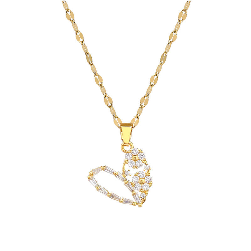 Sweet Minimalist Heart Geometric Rhinestone Titanium Steel Necklace for Unisex