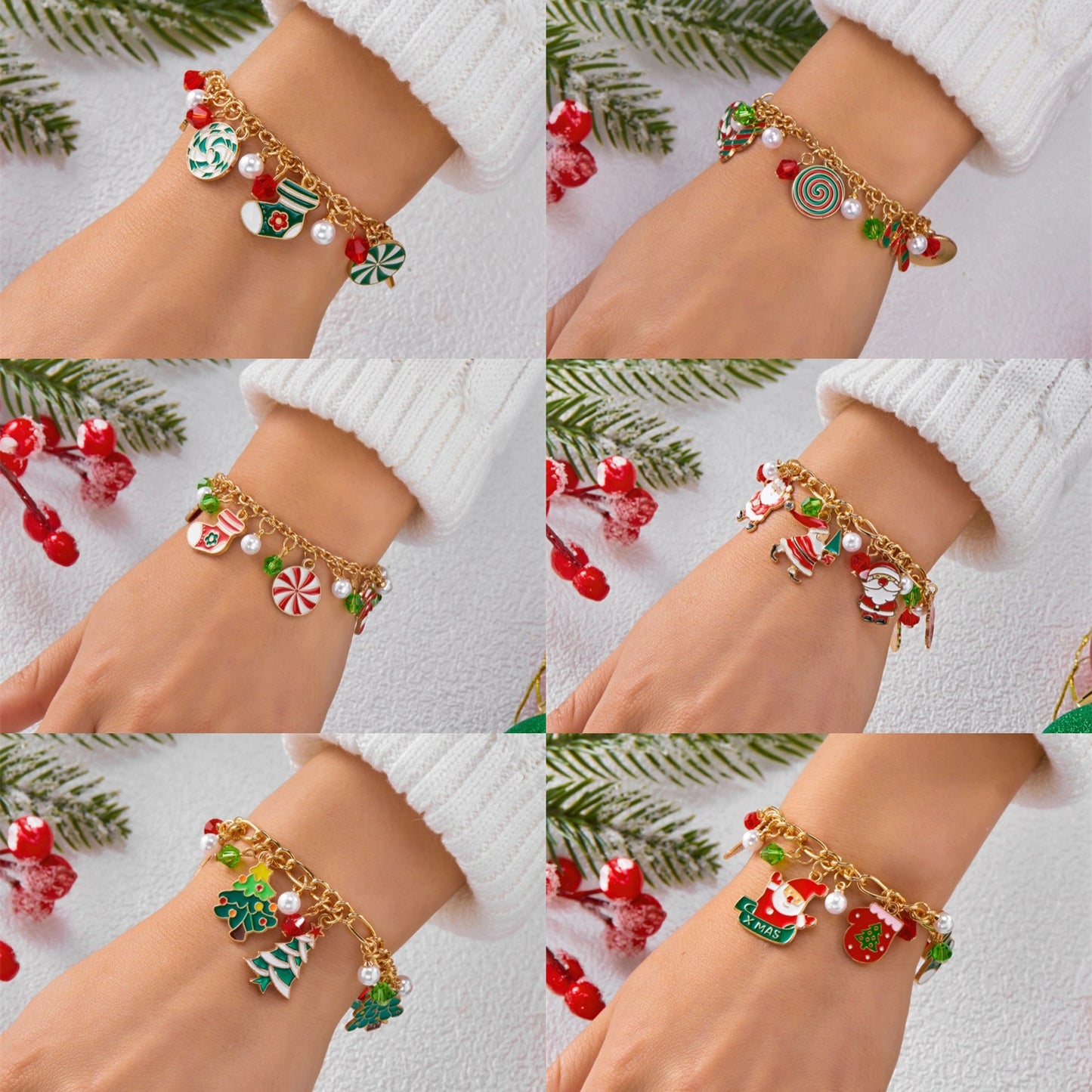 Bracciale artigianale in lega a tema natalizio con ciondolo a forma di Babbo Natale e albero di Natale, perline color caramella, accenti di perle e motivi a fiocco di neve festivi