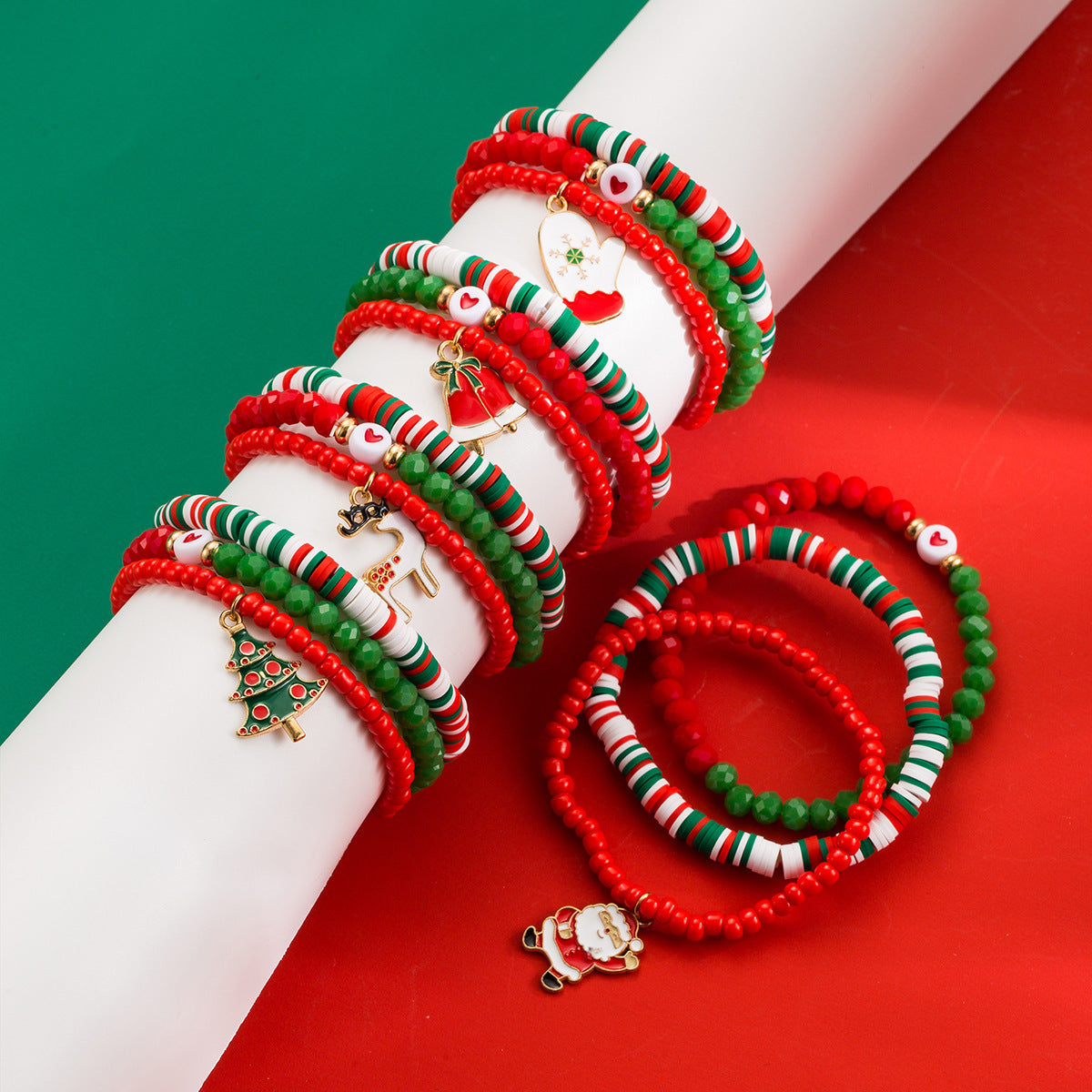 Christmas Beaded Bracelet Set with Santa Claus Pendant Geometric Alloy Charm Bar Unisex Holiday Gift