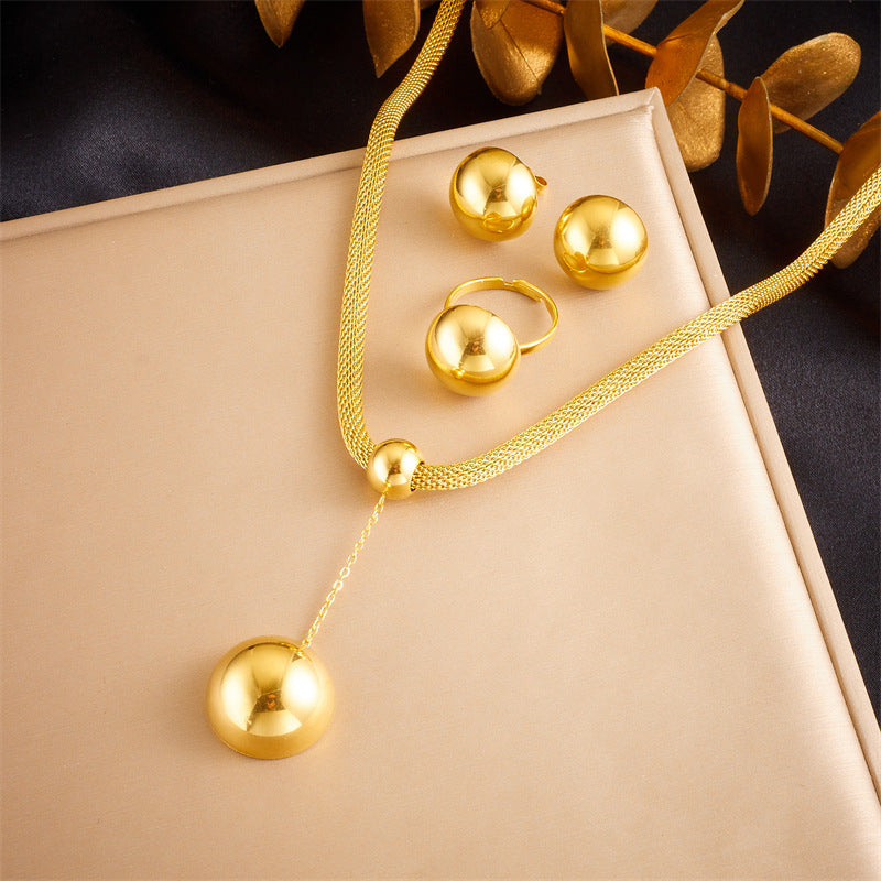 Vintage Minimalist Fashion Gold-Plated Stainless Steel Circle Earrings Necklace Bracelet Set