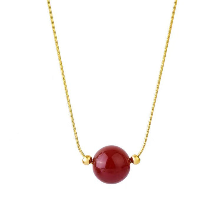 Geometric Titanium Steel Snake Chain Necklace with Gold-Plated Lucky Bean Pendant and Genuine Agate Beads
