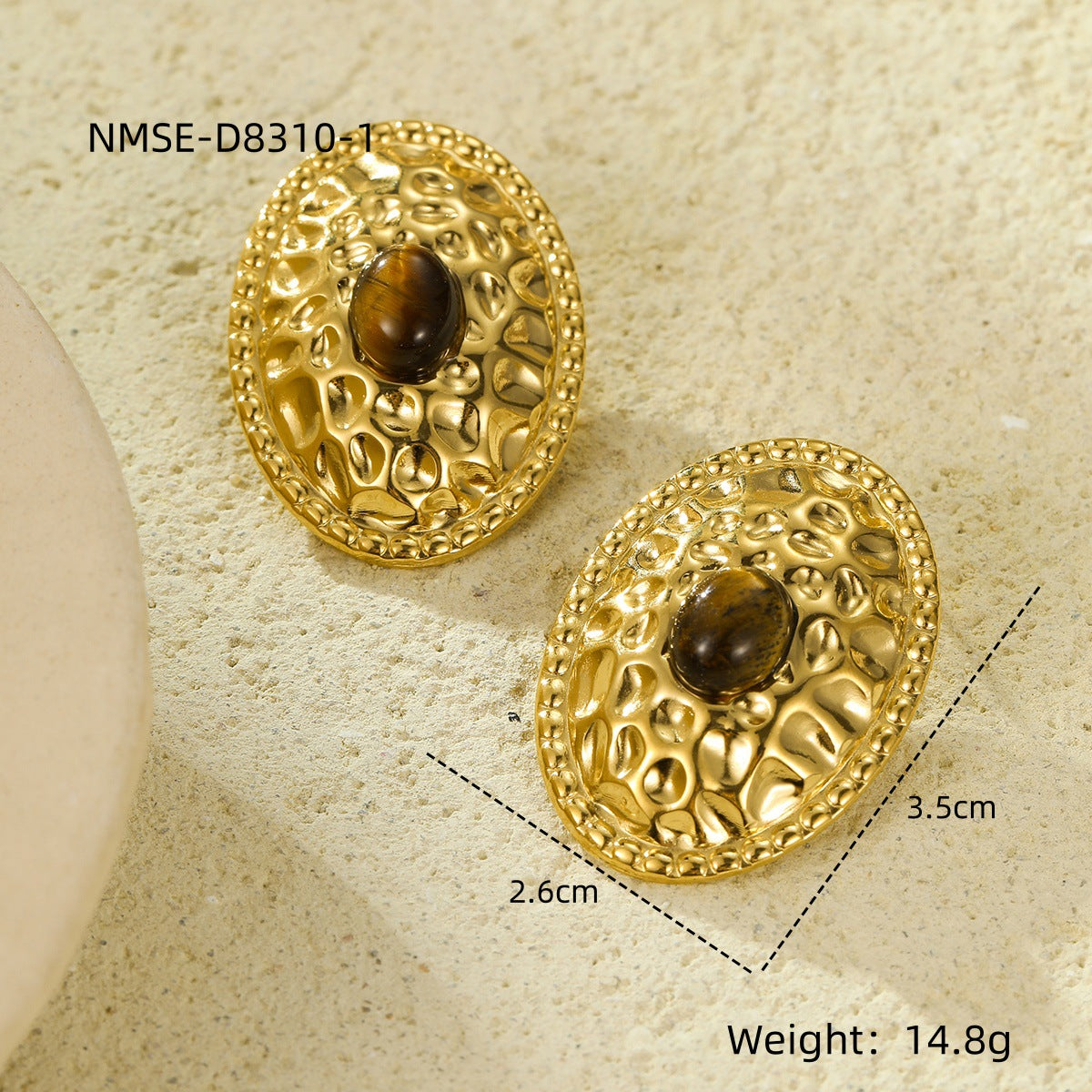 Pendientes de Acero Inoxidable con Textura Ovalada de Estilo Vintage con Incrustaciones de Piedra Natural para Mujer