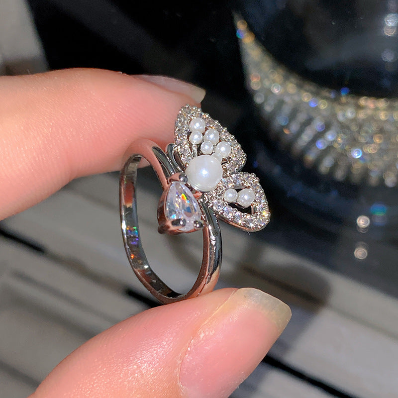 Sweet Elegant Heart Butterfly Brass Ring with Cubic Zirconia Handmade Adjustable
